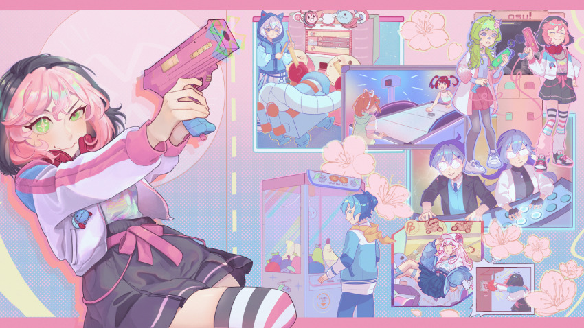 2boys, 6+girls, ^_^, ahoge, aiko_(osu!), aiming, air_hockey, air_hockey_puck