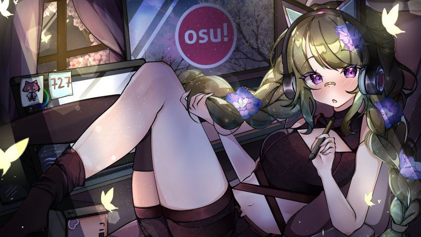 >_<, 1girl, 727_(meme), animal_ear_headphones, animal_ears, asymmetrical_legwear, bandaid, bandaid_on_face, bandaid_on_nose, black_shorts, black_socks, blush, braid, bug, butterfly, cat_ear_headphones, cat_ears, chair, cherry_blossoms, cleavage_cutout, clothing_cutout, commentary, computer, computer_tower, contest_winner, cropped_shirt, curtains, english_commentary, fake_animal_ears, flower, foot_out_of_frame, glowing_butterfly, green_hair, hair_flower, hair_ornament, headphones, highres, holding, holding_own_hair, holding_stylus, insect, light_particles, light_rays, long_hair, looking_at_viewer, low_twin_braids, maynare, meme, midriff, mocha_(osu!), monitor, navel, on_chair, open_mouth, osu!, pippi_(osu!), purple_eyes, purple_flower, reclining, second-party_source, shirt, shorts, single_thighhigh, sleeveless, sleeveless_shirt, socks, solo, stylus, sunbeam, sunlight, thighhighs, turtleneck, turtleneck_shirt, twin_braids, uneven_legwear, very_long_hair, window, yellow_butterfly