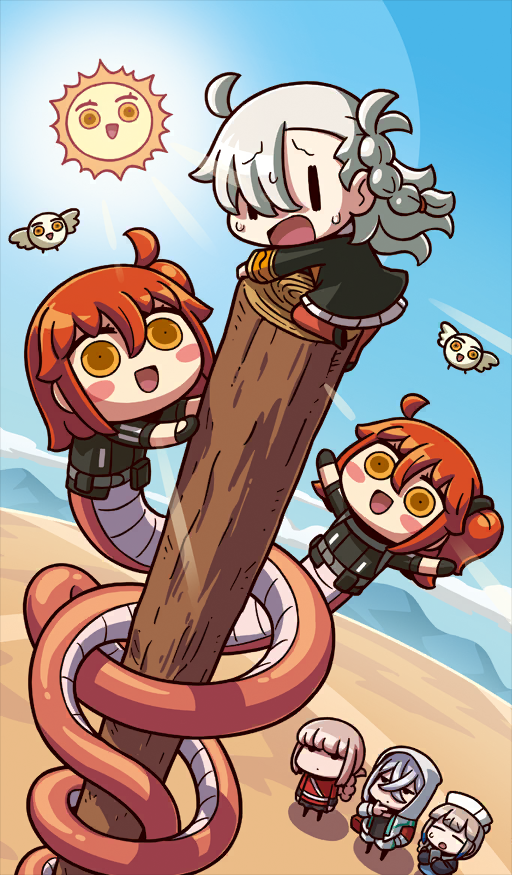 1boy, 1other, 4girls, :d, ahoge, asclepius_(fate), asclepius_(summer_rescue)_(fate), black_gloves