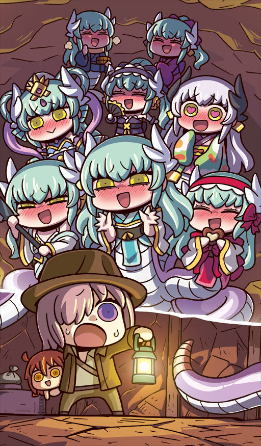 6+girls, :>, :d, =_=, ahoge, aqua_hair, aqua_kimono, belt