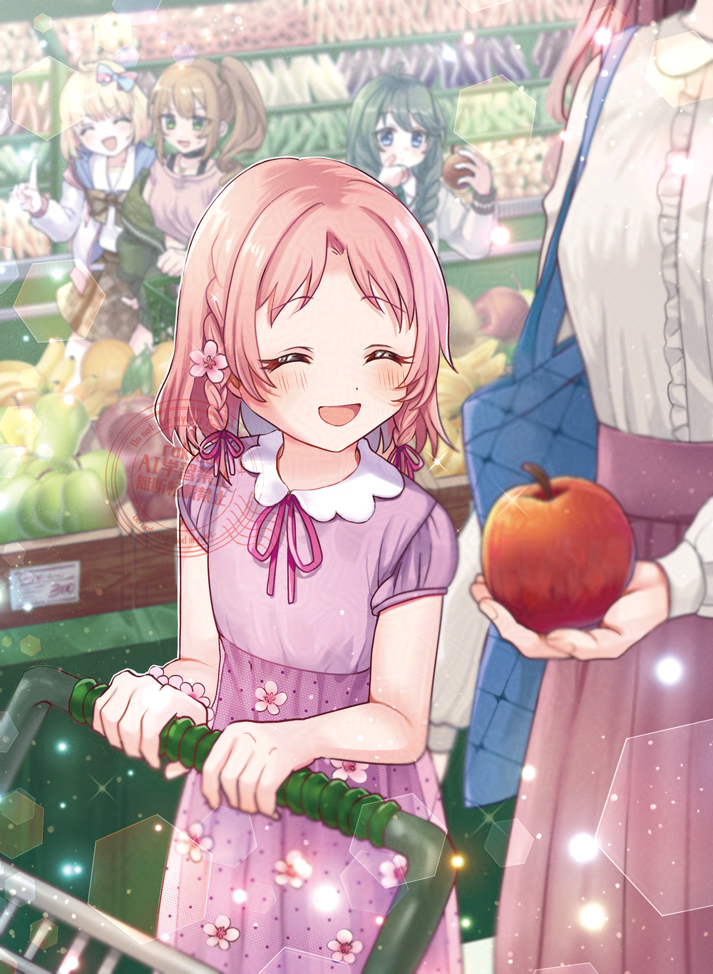 5girls, apple, blonde_hair, braid, brown_hair, chieru_(princess_connect!), chieru_(real)_(princess_connect!), chloe_(princess_connect!)