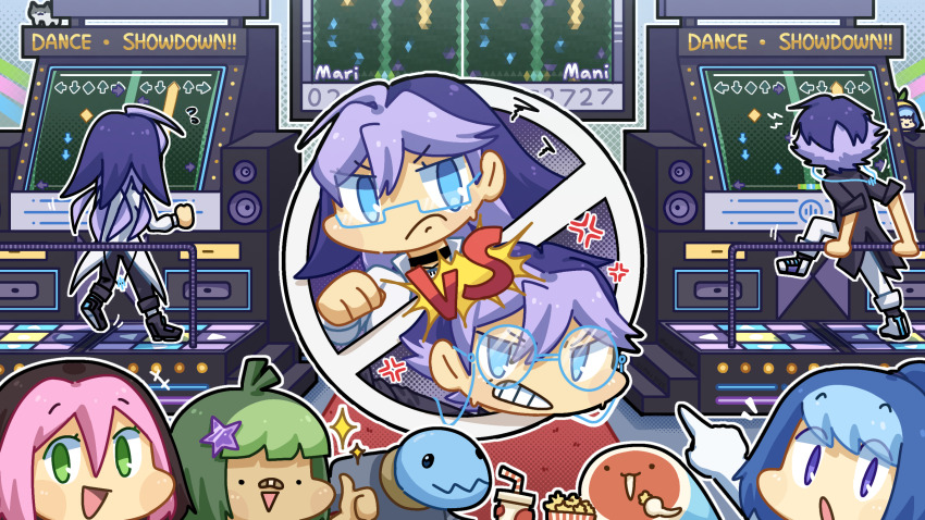 >:(, ._., 2boys, 3girls, 727_(meme), ahoge, anger_vein, antenna_hair, arcade_cabinet, arrow_(symbol), bemani, blue-framed_eyewear, blue_eyes, blue_hair, blunt_bangs, brand_name_imitation, brother_and_sister, clenched_teeth, closed_mouth, colored_bangs, commentary, competition, contest_winner, cup, dance_dance_revolution, disposable_cup, double-parted_bangs, eating, english_commentary, food, frown, glasses, gloves, green_hair, hair_between_eyes, hair_ornament, highres, holding, holding_cup, indoors, long_hair, mani_(osu!), mari_(osu!), meme, meowmiaw, mocha_(osu!), multicolored_hair, multiple_boys, multiple_girls, notice_lines, osu!, pink_hair, pippi_(osu!), pointing, popcorn, purple_hair, round_eyewear, second-party_source, semi-rimless_eyewear, short_hair, siblings, sparkle, star_(symbol), star_hair_ornament, taiko_no_tatsujin, taikonator_(osu!), teeth, thumbs_up, twins, two-tone_hair, under-rim_eyewear, v-shaped_eyebrows, v-shaped_eyes, wada_don, white_gloves, yuzu_(osu!)