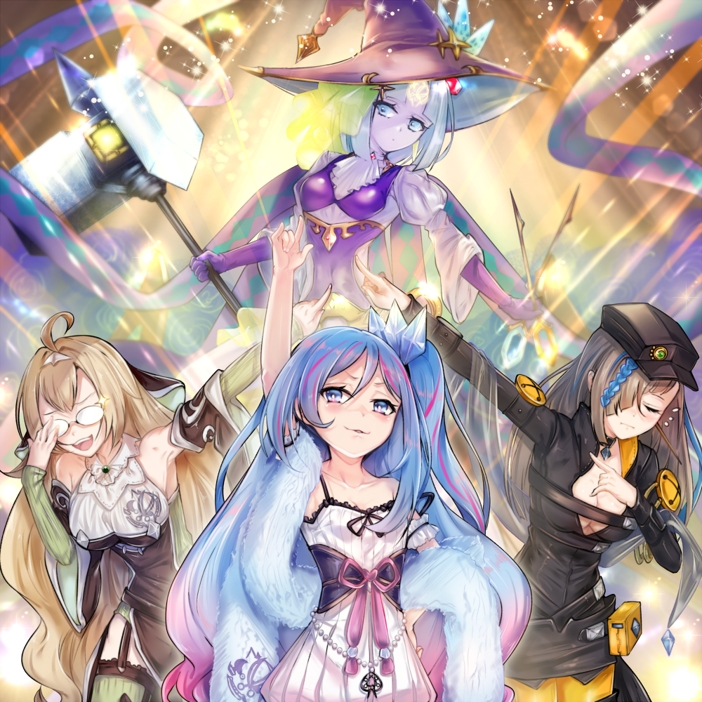 4girls, ahoge, arm_up, armpits, black_hat, blonde_hair, blue_eyes, blush