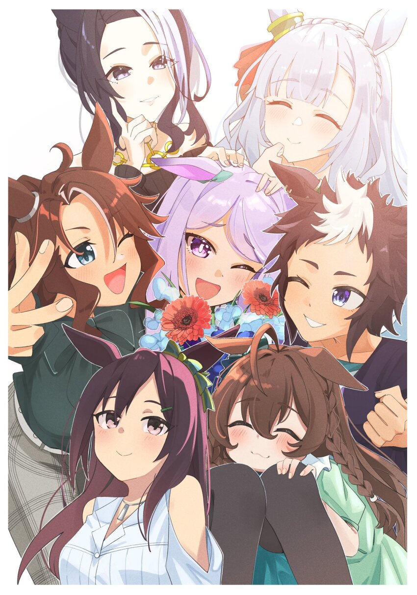 6+girls, animal_ears, black_hair, blue_hair, blush, brown_hair, closed_mouth, commentary_request