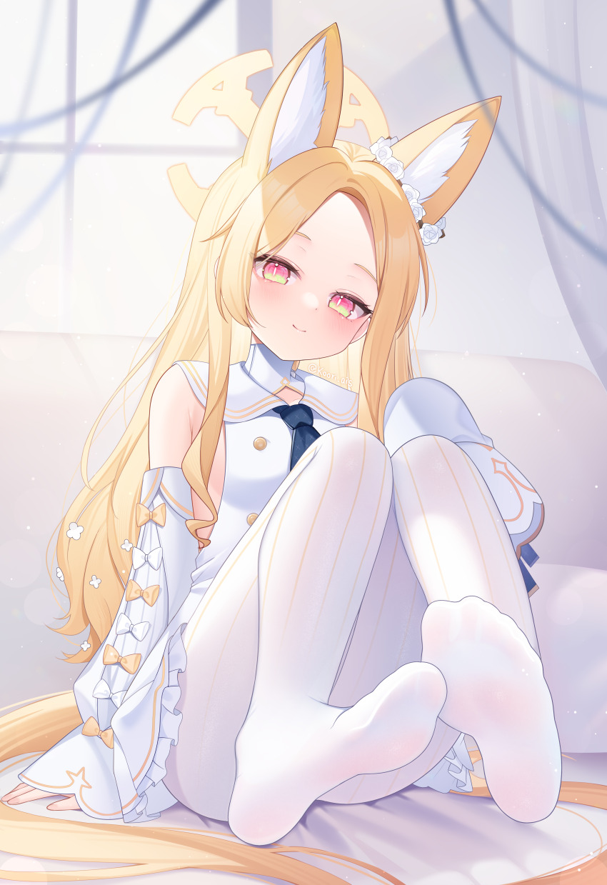 1girl, absurdres, animal_ear_fluff, animal_ears, arm_at_side, bare_shoulders, bed_sheet, blonde_hair, blue_archive, blush, bow, bright_pupils, closed_mouth, commentary, convenient_leg, day, detached_sleeves, dress, eyelashes, feet, flower, foot_focus, forehead, fox_ears, fox_girl, fox_tail, full_body, hair_flower, hair_ornament, halo, hand_up, happy, highres, indoors, knees_up, kooriais, loli, long_hair, looking_at_viewer, multicolored_eyes, no_shoes, orange_eyes, pantyhose, parted_bangs, seia_(blue_archive), sidelighting, sidelocks, sitting, sleeve_bow, sleeveless, sleeveless_dress, sleeves_past_fingers, sleeves_past_wrists, smile, soles, solo, striped_clothes, striped_pantyhose, tail, toes, two-tone_eyes, vertical-striped_clothes, vertical-striped_pantyhose, very_long_hair, white_bow, white_dress, white_flower, white_pantyhose, white_pupils, white_sleeves, wide_sleeves, yellow_bow, yellow_eyes