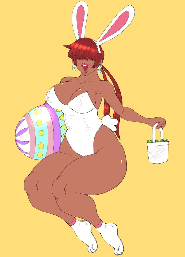 1girl, 1shermieaday, basket, bodysuit, breasts, cleavage, curvy, dark-skinned_female, dark_skin, earrings, easter, easter_bunny, easter_egg, egg, female_focus, jewelry, large_breasts, legs_up, long_hair, open_mouth, playboy_bunny, ponytail, rabbit, rabbit_ears, rabbit_tail, red_hair, shermie_(kof), smile, smiley_face, socks, solo, tan, the_king_of_fighters, thick_lips, thick_thighs, thighs, twintails, wide_hips