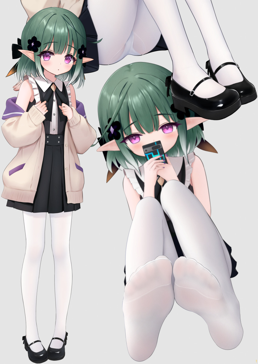 1girl, absurdres, ass, bare_shoulders, cardigan, castelle_(shadowverse), dress, feet