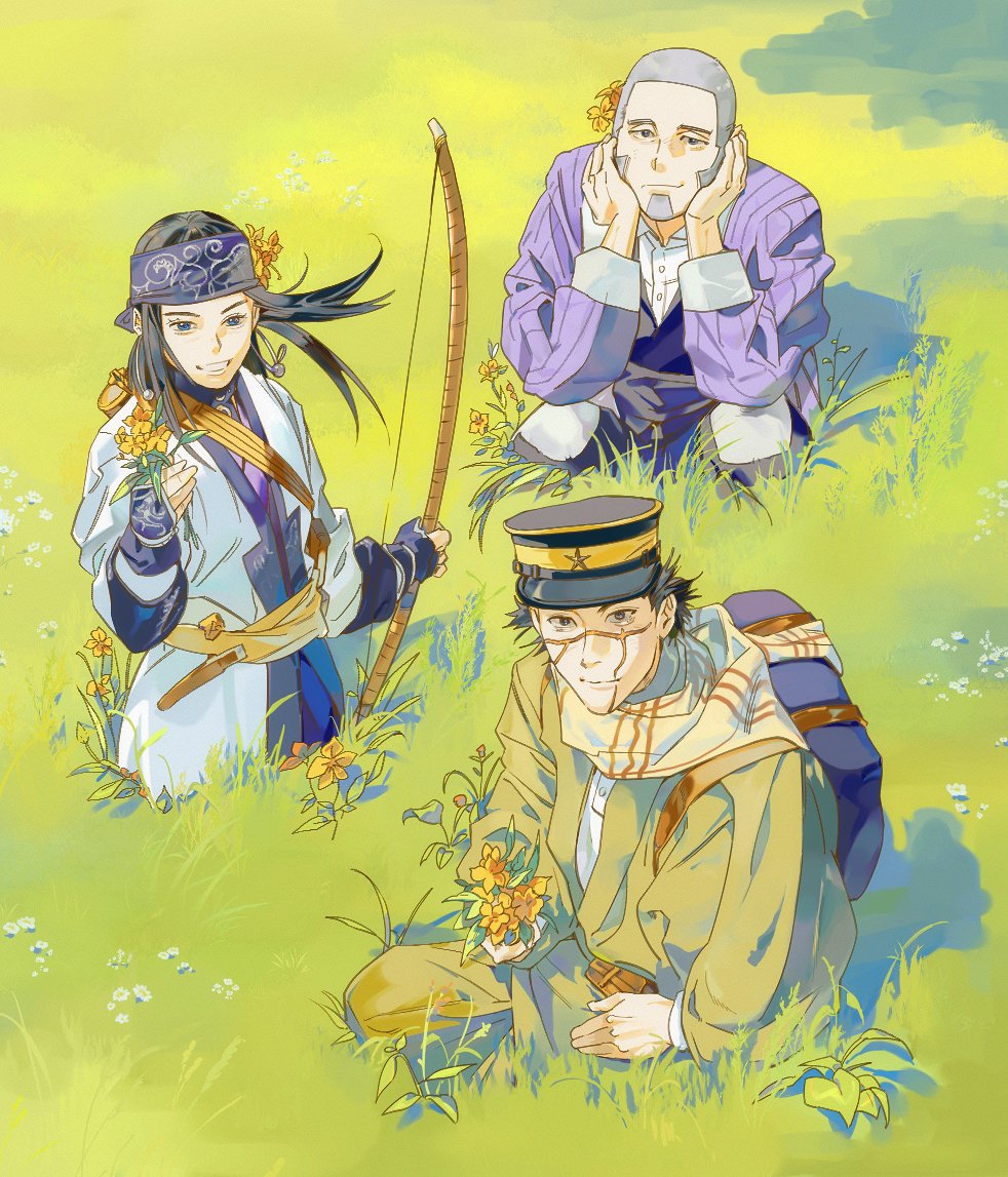 1girl, 2boys, ainu, ainu_clothes, arisaka, asirpa, bandana, blue_bandana, bolt_action, bow_(weapon), buzz_cut, commentary_request, earrings, facial_hair, facial_scar, flower, goatee, golden_kamuy, grass, gun, hat, headband, holding, holding_flower, hoop_earrings, imperial_japanese_army, jewelry, kepi, long_sideburns, looking_at_viewer, luke_skyfaller, military_hat, multiple_boys, purple_headband, rifle, scar, scar_on_cheek, scar_on_face, scar_on_mouth, scar_on_nose, scarf, shaved_head, shiraishi_yoshitake, short_hair, sideburns, sitting, smile, sugimoto_saichi, tall_grass, two-tone_headwear, very_short_hair, weapon, yellow_scarf