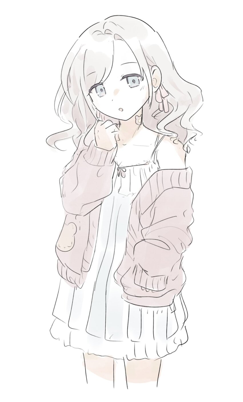 1girl, alternate_costume, bare_shoulders, blue_eyes, breasts, cardigan, ceras_yanagida_lilienfeld, churhami