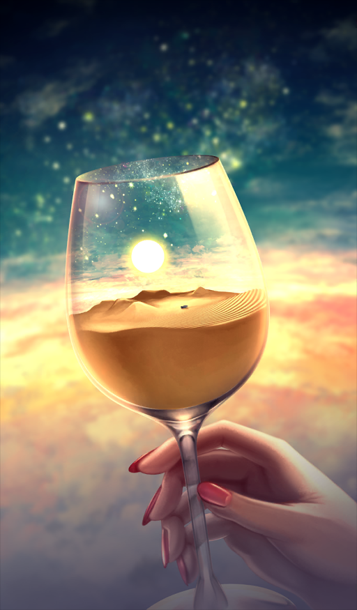 1girl, bb_(fate), bb_dubai_(fate), blurry, blurry_background, commentary_request, cup, desert, drinking_glass, fate/grand_order, fate_(series), fingernails, hayosena, holding, holding_cup, lens_flare, motor_vehicle, no_humans, object_focus, official_art, ono_no_komachi_koken-shou, pink_nails, sand, still_life, sun, third-party_source, wine_glass