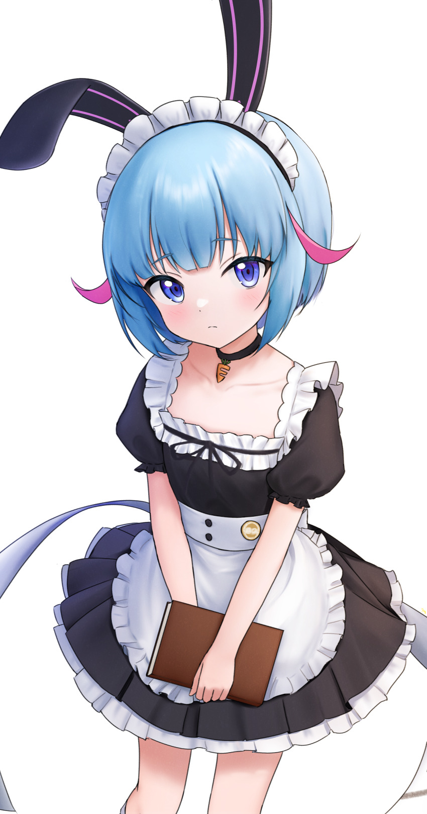 1girl, absurdres, apron, blue_eyes, blue_hair, book, choker, commentary, dress, flat_chest, highres, holding, holding_book, jia_wenyuan, looking_at_viewer, maid, maid_headdress, multicolored_hair, otosaka_shion_(shadowverse_flame), pink_hair, shadowverse, shadowverse_(animated_series), shadowverse_flame, short_hair, solo, two-tone_hair