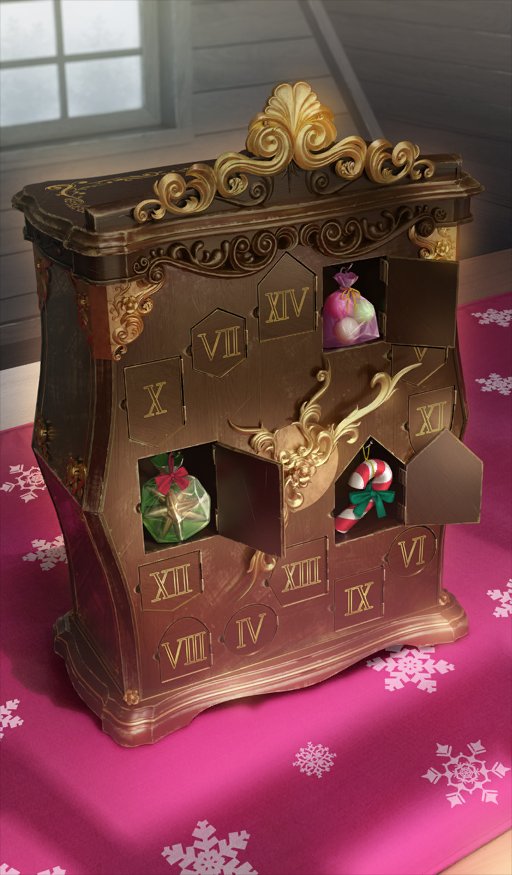 advent_calendar, bag, candy, candy_cane, commentary_request, fate/grand_order, fate_(series), food, gift_bag, mafupen, no_humans, object_focus, official_art, ono_no_komachi_koken-shou, roman_numeral, snowflakes, still_life, third-party_source, window