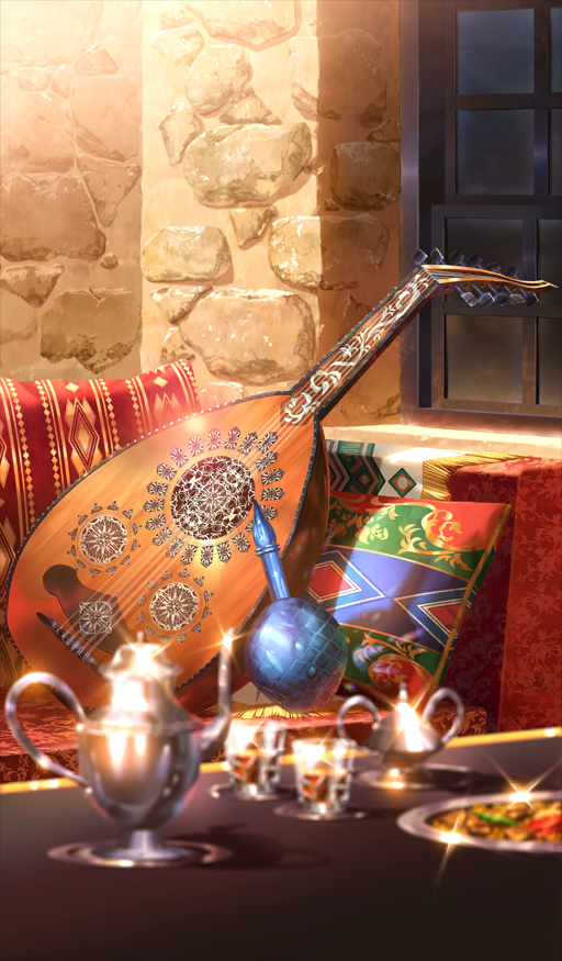 blurry, blurry_foreground, commentary_request, couch, cup, diffraction_spikes, fate/grand_order, fate_(series), instrument, instrument_request, matsushita_yukishou, no_humans, object_focus, official_art, ono_no_komachi_koken-shou, pillow, plate, sparkle, still_life, table, third-party_source, window