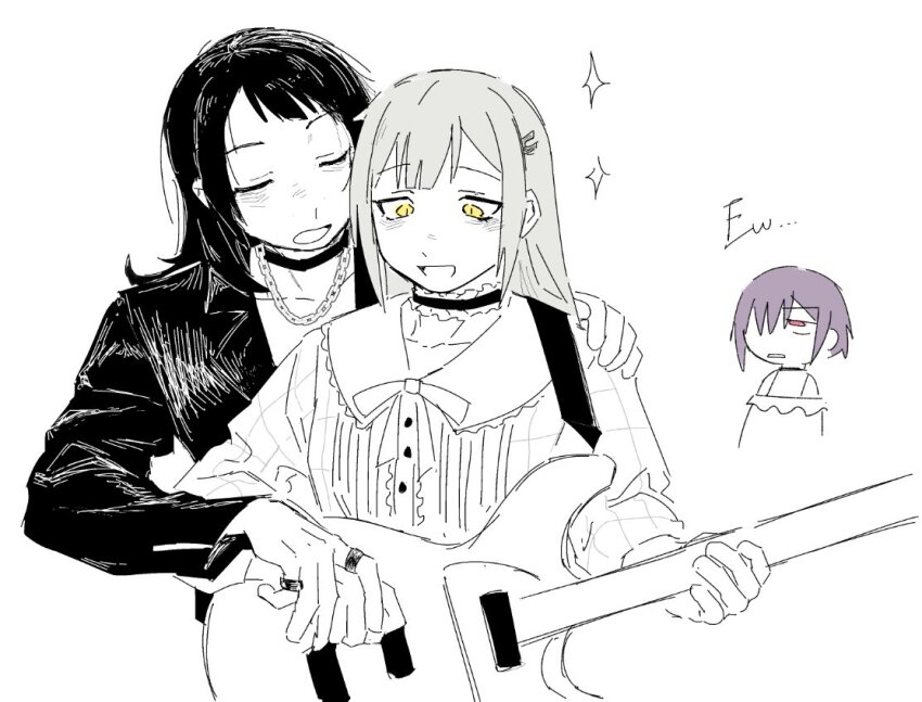 3girls, bang_dream!, bang_dream!_it's_mygo!!!!!, black_hair, black_jacket, buttons, chain, chain_necklace