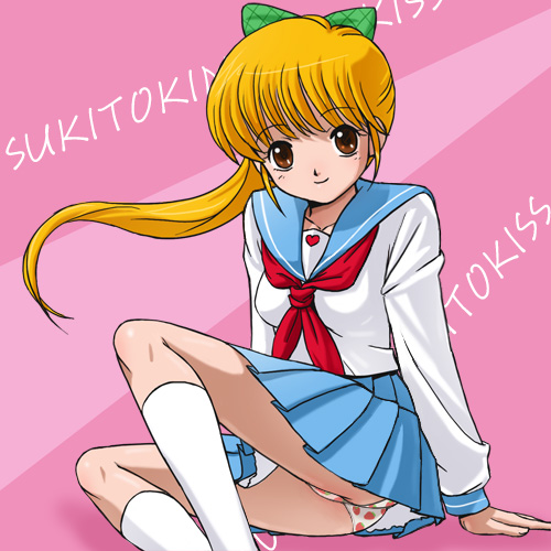 1girl, blonde_hair, blue_skirt, blush, bow, breasts, brown_eyes, collarbone