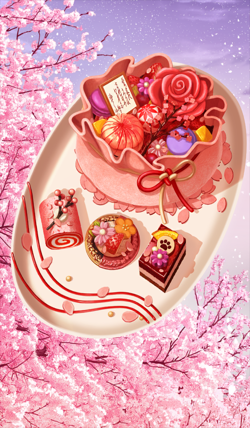 akitaken_(non_faciem), calligraphy, cherry_blossoms, commentary_request, fate/grand_order, fate_(series), food, food_focus