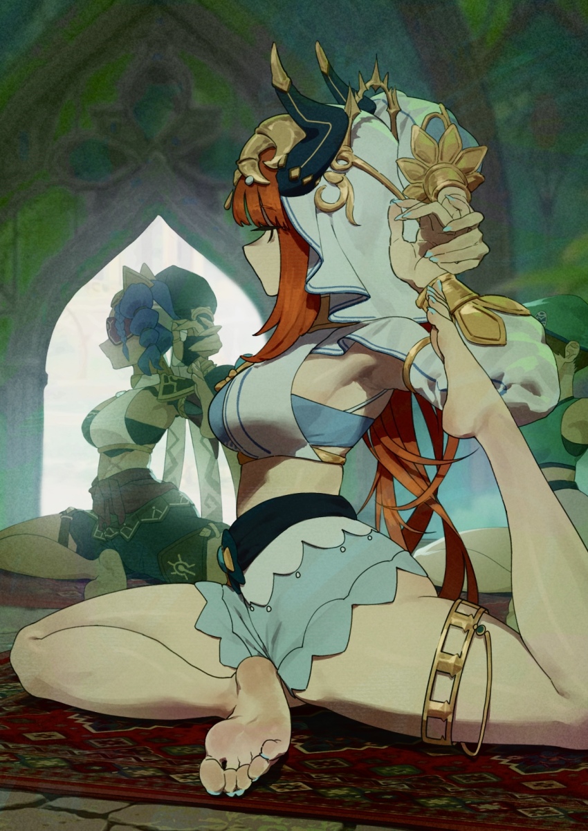 3girls, arms_behind_head, barefoot, black_horns, blindfold, blue_hair, blue_nails, blue_shorts