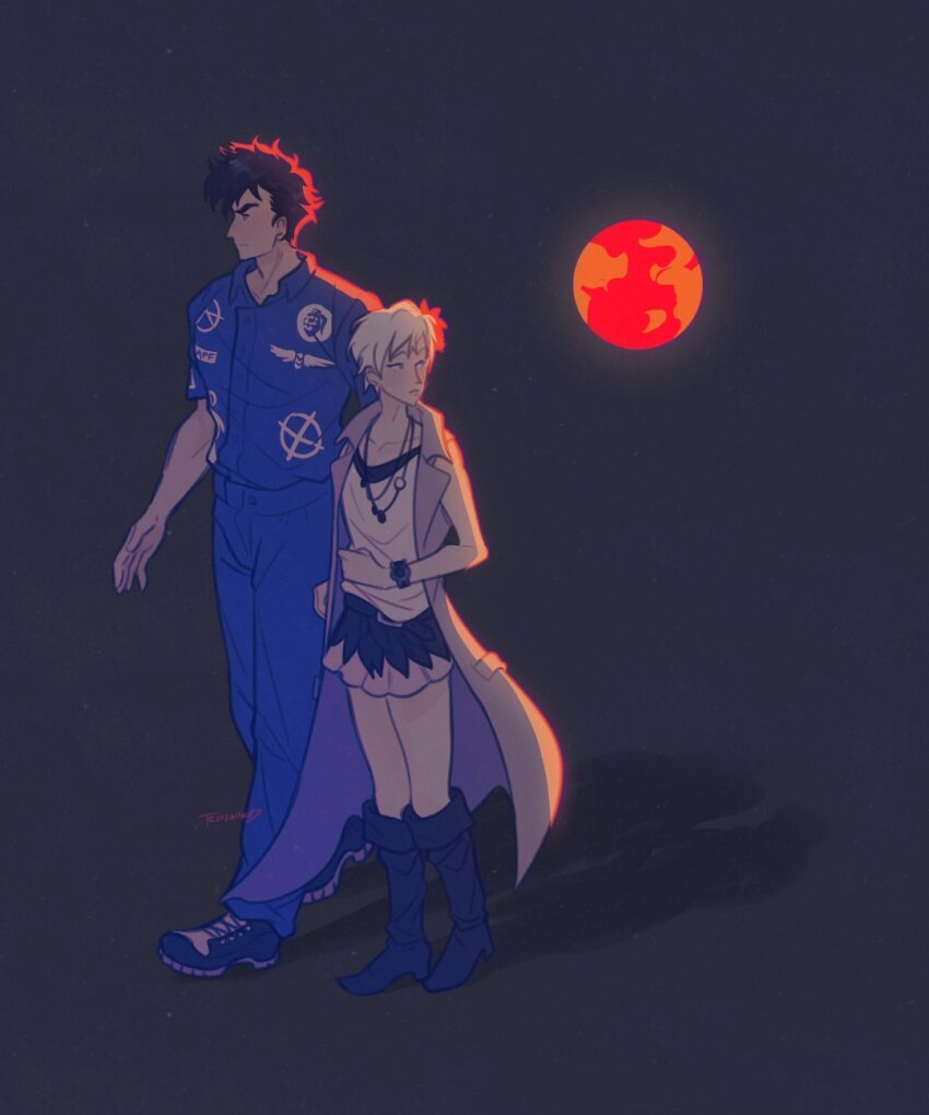 1boy, 1girl, black_boots, black_hair, blue_pants, blue_shirt, boots, closed_mouth