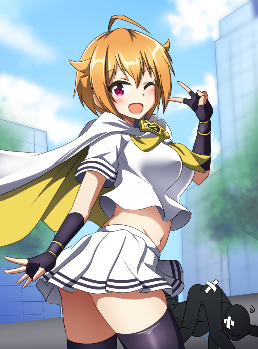 ahoge, amulet, black_gloves, black_thighhighs, blonde_hair, breasts, city, cloak