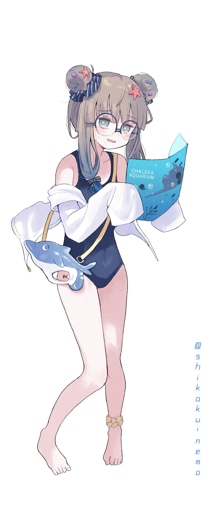 absurdres, barefoot, blush, brown_hair, covered_navel, double_bun, fate/grand_order, fate_(series), glasses, gradient_hair, hair_bun, hair_ornament, highres, jacket, jacket_over_swimsuit, long_hair, mole, mole_under_eye, mole_under_mouth, multicolored_hair, nemo_(fate), professor_nemo_(fate), school_swimsuit, shikaku_nemo, starfish_hair_ornament, swimsuit, twitter_username, water_gun, white_jacket