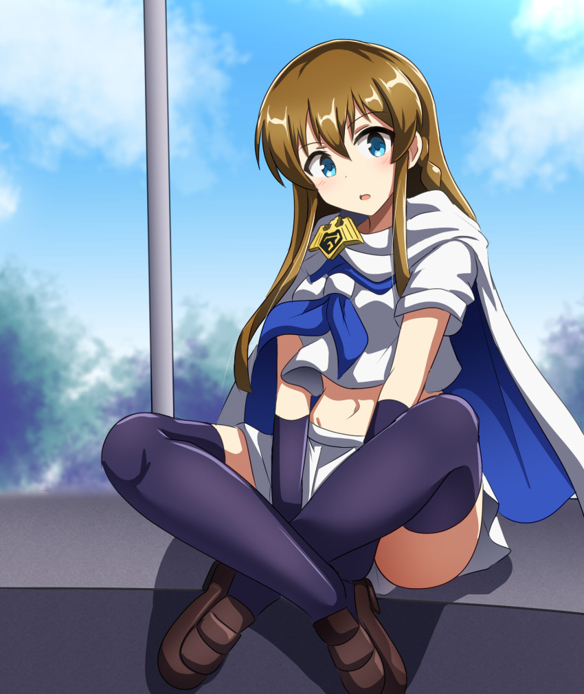 amulet, black_gloves, black_thighhighs, blue_neckerchief, braid, brown_hair, cloak, crop_top