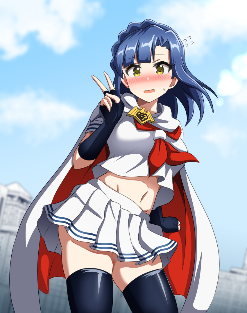 amulet, black_gloves, black_thighhighs, blue_hair, blush, braid, breasts, city