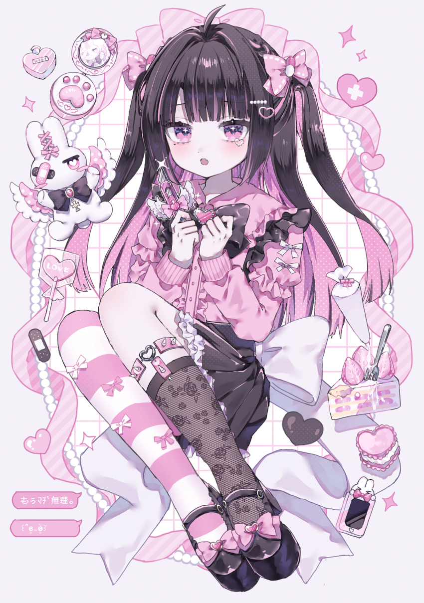 1girl, asymmetrical_legwear, black_bow, black_bowtie, black_hair, black_shoes, black_skirt, black_socks