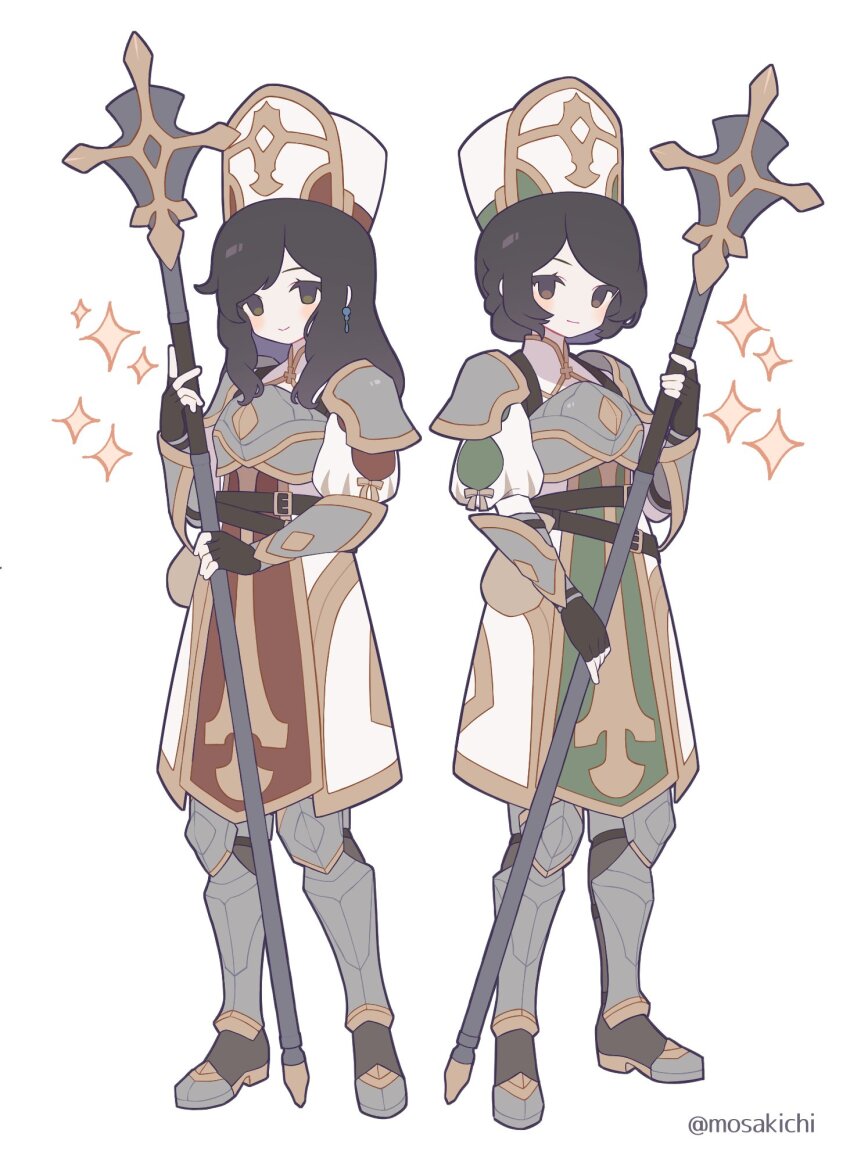 2girls, armor, black_hair, breastplate, brown_gloves, cuisses, dress, fingerless_gloves