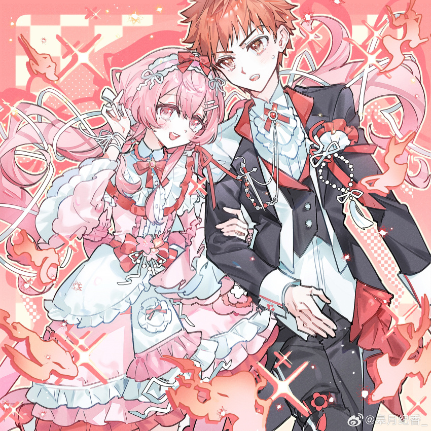 1boy, 1girl, :d, apron, artist_request, black_dress, black_jacket, blush