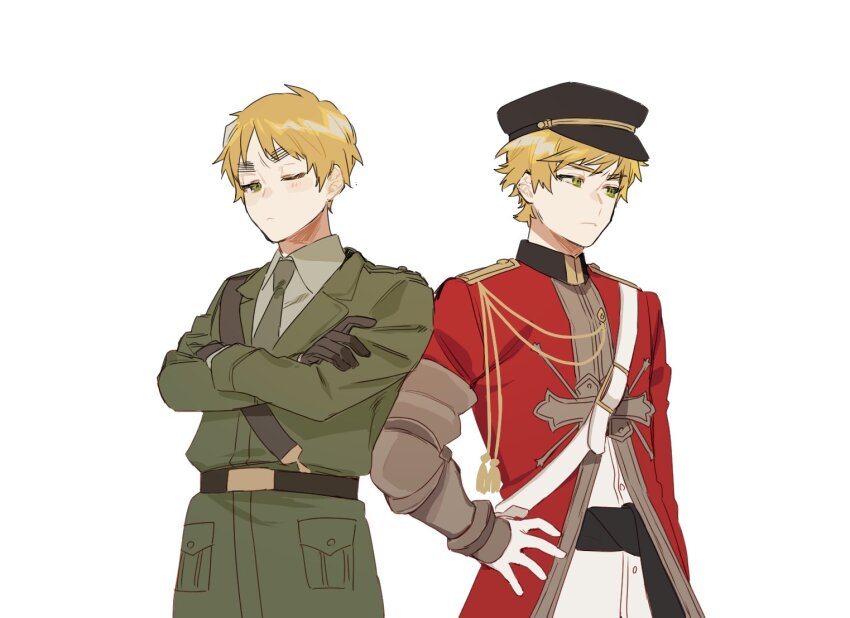 2boys, axis_powers_hetalia, belt, black_belt, black_gloves, black_hat, blonde_hair, blush