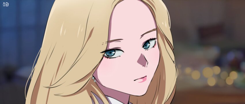 12_07sh, 1girl, absurdres, blonde_hair, blue_eyes, blurry, blurry_background, close-up