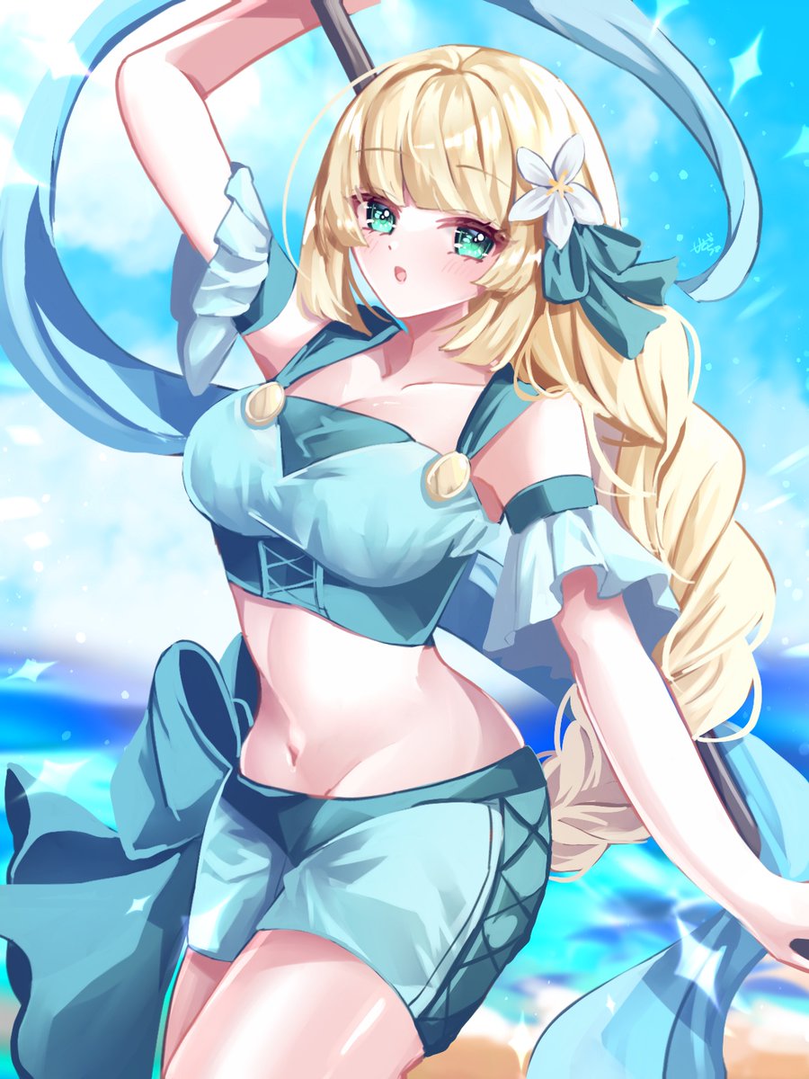 1girl, bare_shoulders, bikini, blonde_hair, breasts, cleavage, crop_top, fire_emblem