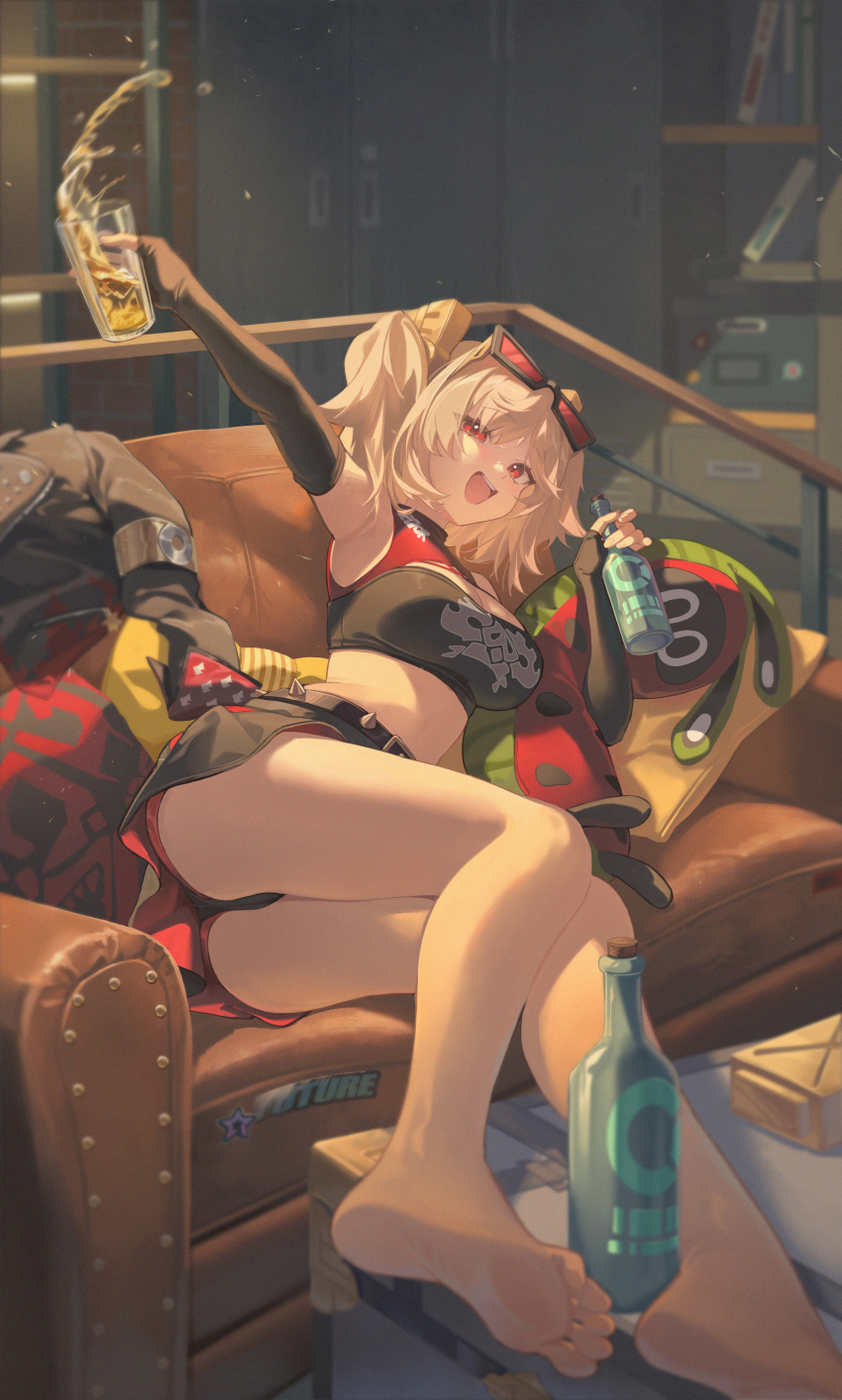 1girl, absurdres, arm_up, armpits, ass, bare_legs, bare_shoulders, barefoot