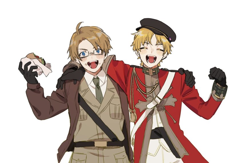 2boys, ahoge, america_(hetalia), axis_powers_hetalia, belt, black-framed_eyewear, black_belt, black_gloves