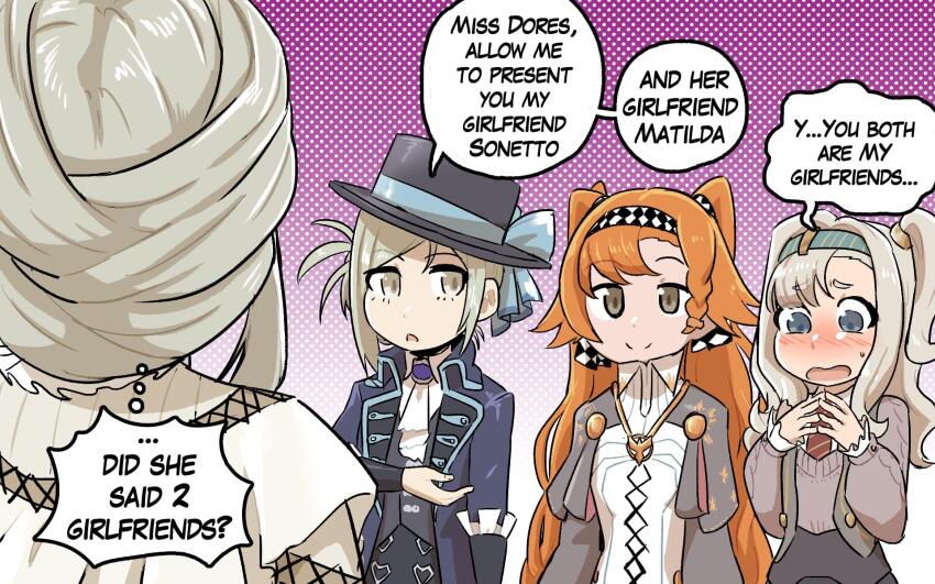 4girls, artist_request, ascot, dores_(reverse:1999), english_text, grey_hair, hat, highres, long_hair, matilda_bouanich, medium_hair, multiple_girls, orange_hair, polygamy, reverse:1999, sonetto_(reverse:1999), speech_bubble, thought_bubble, top_hat, urd_(reverse:1999), vertin_(reverse:1999), yuri