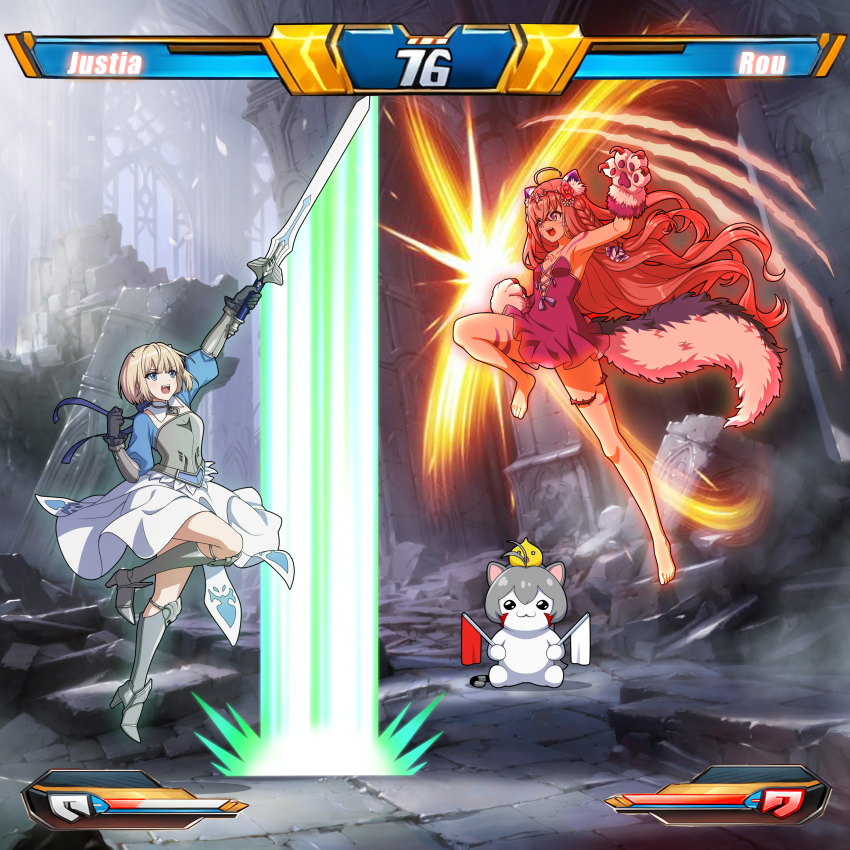 2girls, absurdres, animal_ears, animal_hands, armor, armpits, barefoot, black_gloves