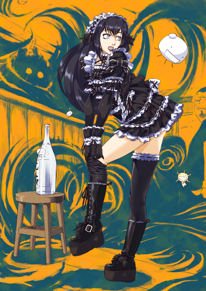 1boy, absurdres, adjusting_clothes, adjusting_legwear, alcohol, black_hair, black_lips, blue_eyes, bottle, chair, crossdressing, crossdressing_(mtf), elbow_gloves, frills, gloves, goth_fashion, gothic_lolita, highres, hiraemon, legs, lipstick, lolita_fashion, long_hair, looking_back, makeup, male_focus, moyashimon, open_mouth, oryzae-tan, platform_footwear, sake, solo, stool, thighhighs, trap, yuuki_kei