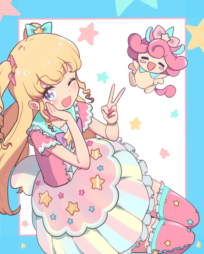 1girl, ;d, absurdres, blonde_hair, blue_bow, blue_eyes, bow, cbgb, fairy_kei, frilled_skirt, frills, hair_bow, hand_on_own_cheek, hand_on_own_face, hands_up, highres, idol_clothes, idol_time_pripara, long_hair, looking_at_viewer, one_eye_closed, open_mouth, pink_bow, pink_shirt, pink_skirt, pink_thighhighs, pretty_series, pripara, punicorn, purple_eyes, ringlets, shirt, sitting, skirt, smile, solo, star_(symbol), star_print, star_symbol_background, thighhighs, third-party_source, two_side_up, unicorn, v, yume_kawaii, yumekawa_yui