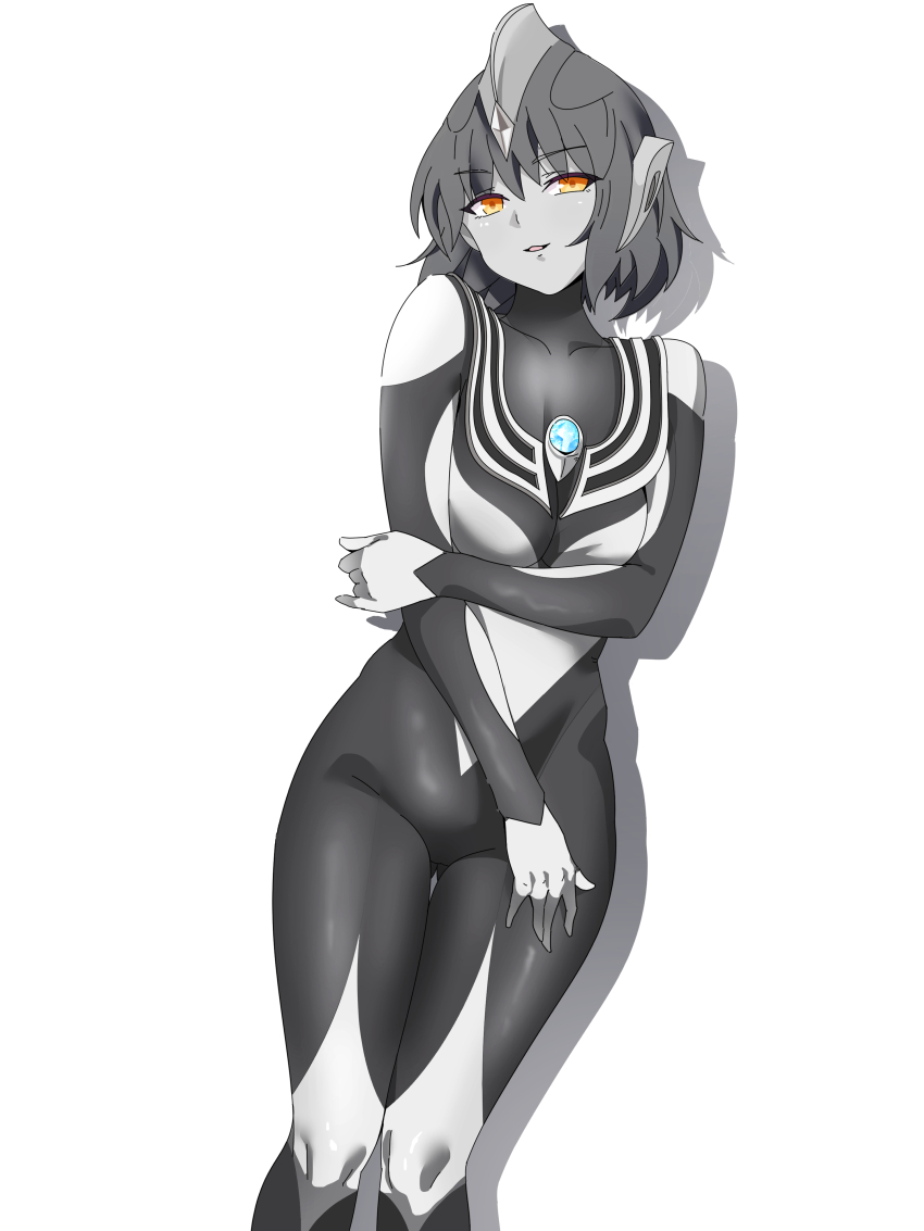 1girl, absurdres, armor, black_bodysuit, black_hair, bob_cut, bodysuit, breastplate, breasts, chinese_commentary, collarbone, color_timer, colored_skin, commentary, contrapposto, cowboy_shot, crystal, dark_persona, dorsal_fin, drop_shadow, evil_smile, forehead_jewel, furrowed_brow, genderswap, genderswap_(mtf), grey_skin, hair_between_eyes, hand_on_own_arm, hand_on_own_thigh, headgear, highres, humanization, knees_together_feet_apart, looking_at_viewer, multicolored_bodysuit, orange_eyes, parted_lips, short_hair, simple_background, small_breasts, smile, solo, standing, tokusatsu, ultra_series, ultraman_tiga, ultraman_tiga:_the_final_odyssey, ultraman_tiga_(series), ultraman_tiga_(tiga_dark), white_background, yi_(user_jwth4284)