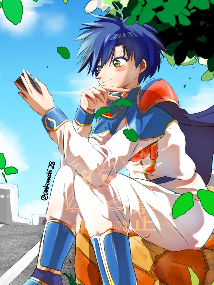 1boy, ankomochi28, blue_capelet, blue_hair, blush, capelet, galaxy_angel, highres