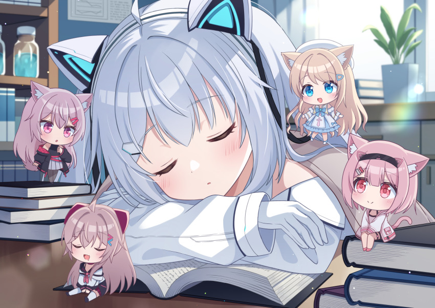 5girls, ahoge, animal_ear_fluff, animal_ear_headphones, animal_ears, beret, black_hairband, black_jacket