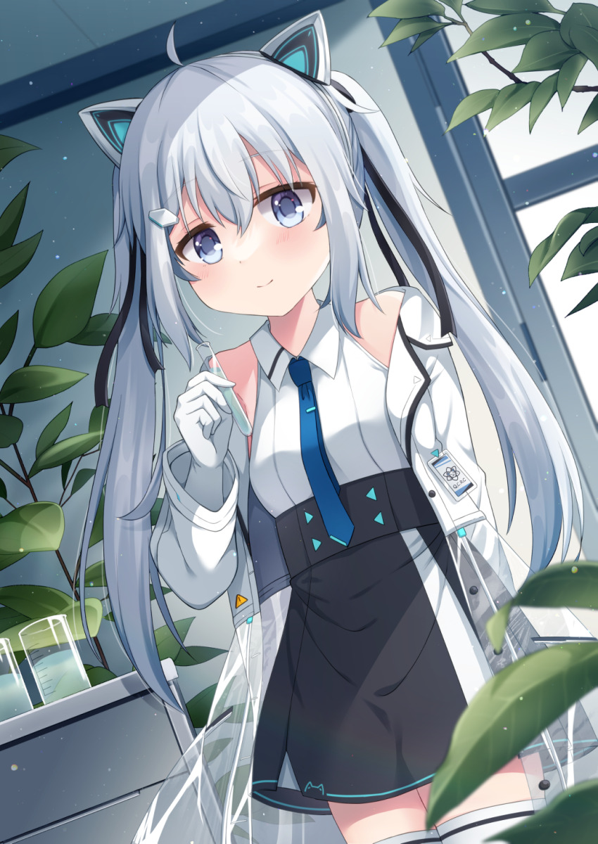 1girl, ahoge, animal_ears, bare_shoulders, black_skirt, blue_eyes, blue_hair, blue_necktie