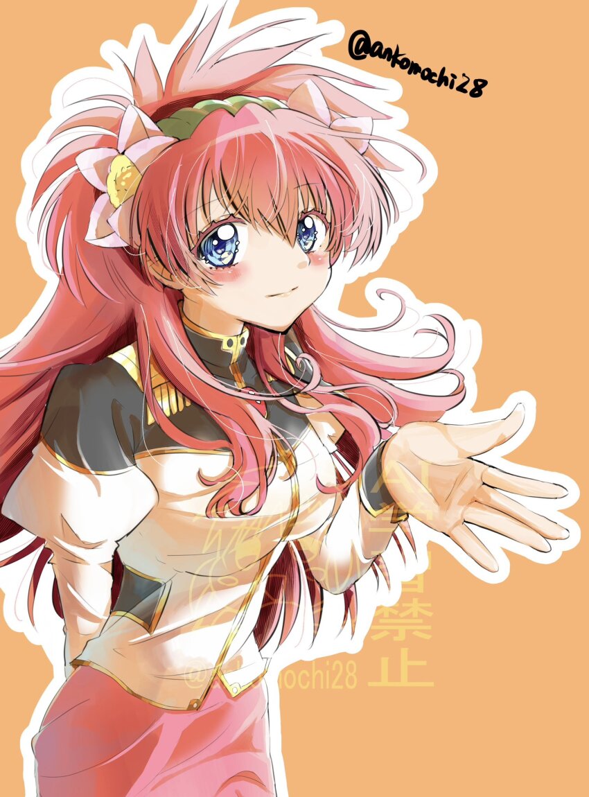 1girl, angel_wing_uniform, ankomochi28, arm_behind_back, blue_eyes, blush, cowboy_shot, flower, galaxy_angel, green_hairband, hair_flower, hair_ornament, hairband, highres, long_hair, looking_at_viewer, milfeulle_sakuraba, military_uniform, orange_background, outstretched_hand, pencil_skirt, pink_hair, skirt, solo, standing, twitter_username, watermark