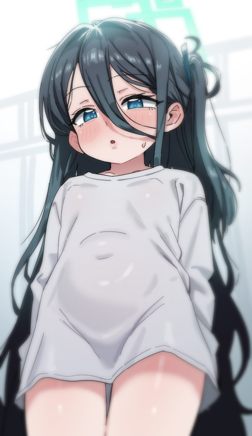 1girl, aris_(blue_archive), black_hair, blue_archive, blush, covered_navel, ggokoo, halo, highres, loli, long_hair, looking_down, open_mouth, oversized_clothes, oversized_shirt, shirt, solo, sweat, thighs, very_long_hair