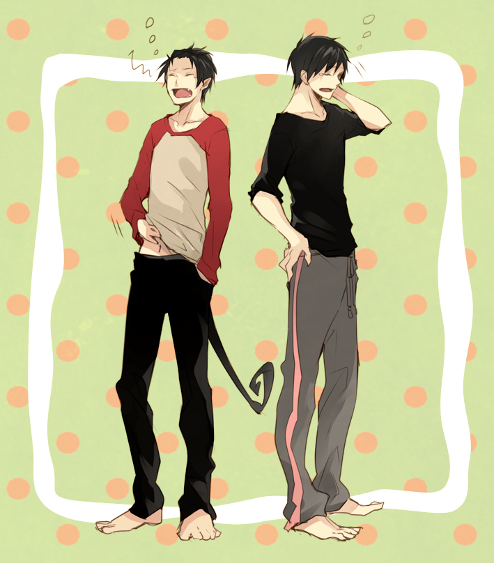 2boys, ao_no_exorcist, closed_eyes, multiple_boys, okumura_rin, okumura_yukio, open_mouth, pointy_ears, tagme, tail, tears, waking, yawning, yone_(kaguudou)