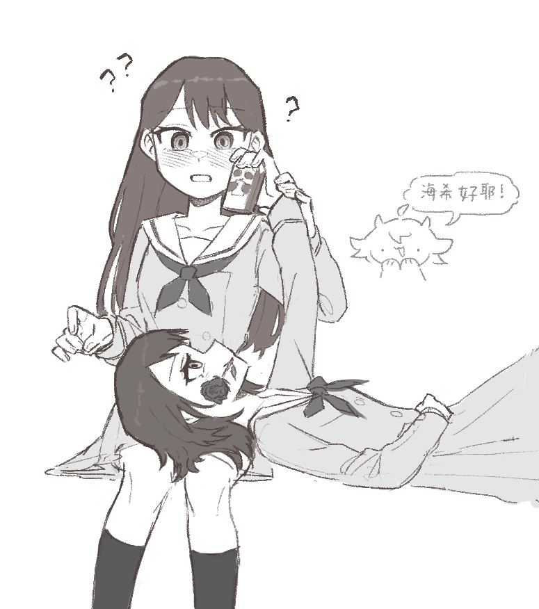 2girls, ?, ??, baiyupiao, bang_dream!, bang_dream!_it's_mygo!!!!!, blush, chinese_text, commentary, dress, english_commentary, flower, flower_in_mouth, greyscale, hanasakigawa_school_uniform, holding_another's_wrist, kneehighs, lap_pillow, long_hair, long_sleeves, looking_at_another, monochrome, multiple_girls, neckerchief, parted_lips, rose, school_uniform, shiina_taki, sitting, socks, speech_bubble, translation_request, yahata_umiri, yuri