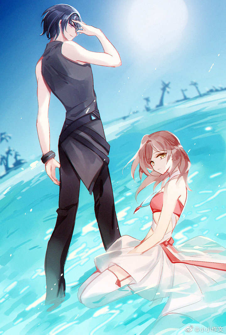 1boy, 1girl, arm_at_side, bandeau, bare_arms, bare_shoulders, belt, between_legs