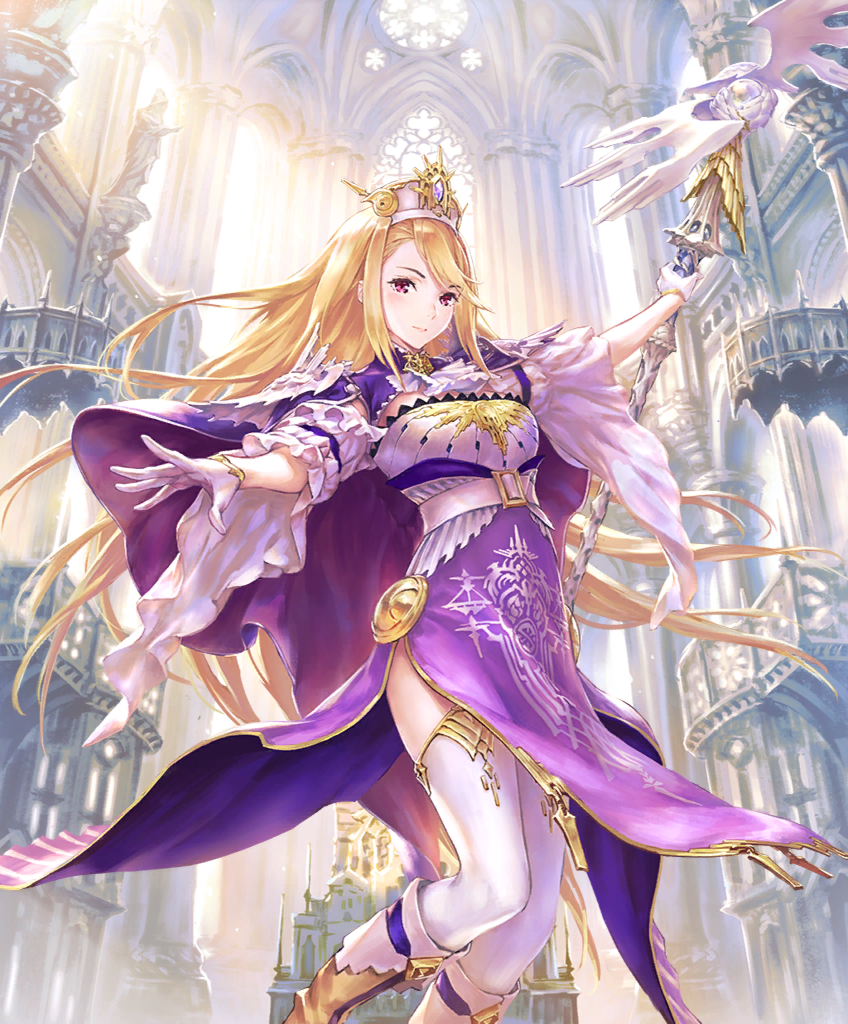 1girl, blonde_hair, blush, breasts, church, day, dress, eris_(shadowverse)