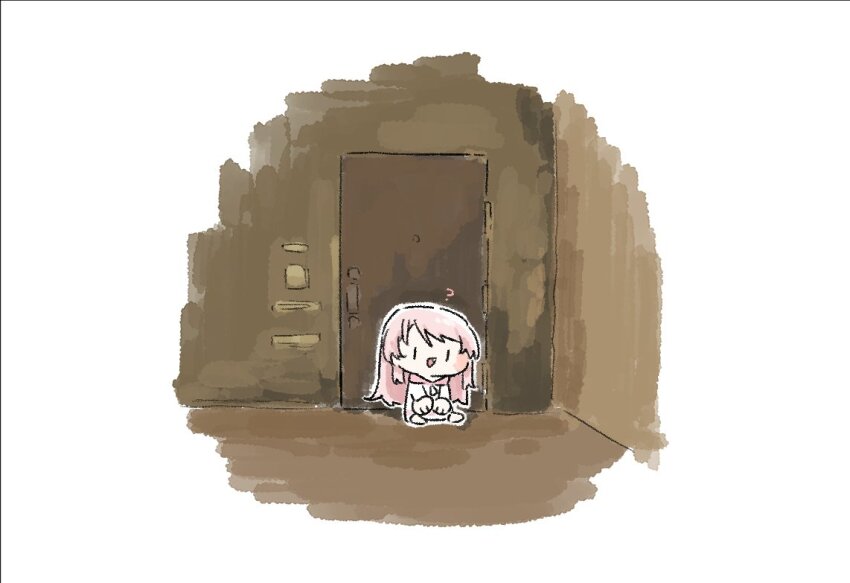 1girl, ?, baiyupiao, bang_dream!, bang_dream!_it's_mygo!!!!!, chibi, chibi_only, chihaya_anon, closed_eyes, commentary, door, fang, hashtag-only_commentary, long_hair, open_mouth, outdoors, pink_hair, shirt, smile, solo, white_shirt
