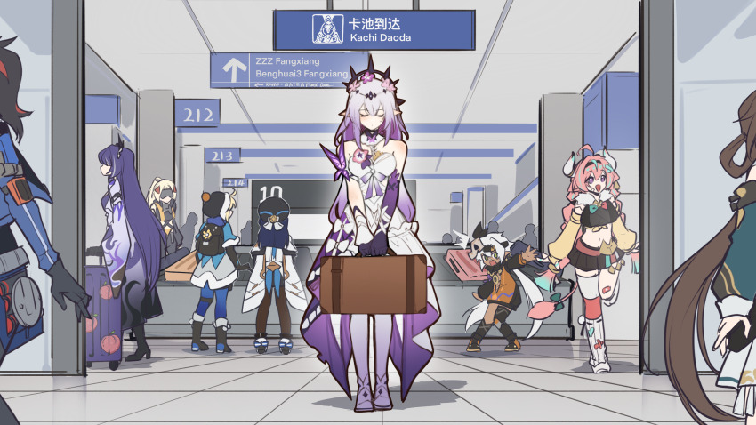 6+girls, acheron_(honkai:_star_rail), backpack, bag, bare_shoulders, beret, black_boots, black_gloves, black_hair, black_hat, black_pantyhose, black_skirt, blindfold_mask, blonde_hair, blue_jacket, blue_pantyhose, boots, briefcase, brown_hair, castorice_(honkai:_star_rail), closed_eyes, coat, commentary_request, company_connection, crop_top, dress, eye_mask, food_print, fruit_print, genshin_impact, gloves, hair_rings, hat, high_heel_boots, high_heels, highres, holding, holding_briefcase, honkai:_star_rail, honkai_(series), honkai_impact_3rd, iansan_(genshin_impact), indoors, jacket, li_sushang, li_sushang_(peregrine_sword), long_hair, long_sleeves, lynx_landau, mask, midriff, mihoyo, miniskirt, multicolored_hair, multiple_girls, navel, pantyhose, peach_print, pela_(honkai:_star_rail), pink_hair, pointy_ears, purple_eyes, purple_hair, red_hair, rolling_suitcase, skirt, standing, standing_on_one_leg, stomach, streaked_hair, suitcase, trigger_(zenless_zone_zero), varesa_(genshin_impact), very_long_hair, white_coat, white_dress, white_hair, xinzhizhu, zenless_zone_zero, zhu_yuan